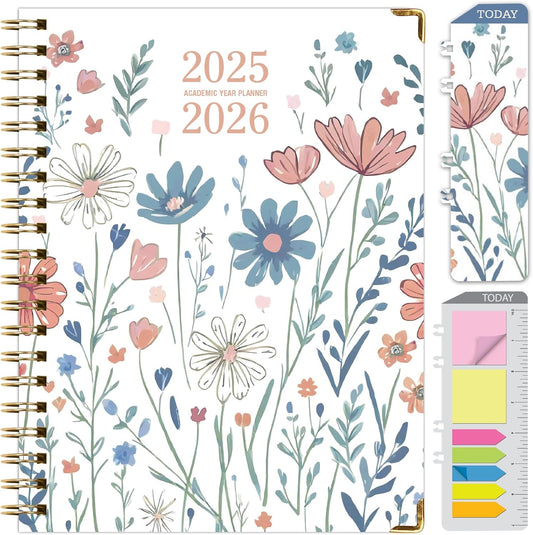 HARDCOVER Academic Year 2025-2026 Planner: (June 2025 Through July 2026) 8.5"x11" Daily Weekly Monthly Planner Yearly Agenda. Bookmark, Pocket Folder and Sticky Note Set (Colorful Botanicals)