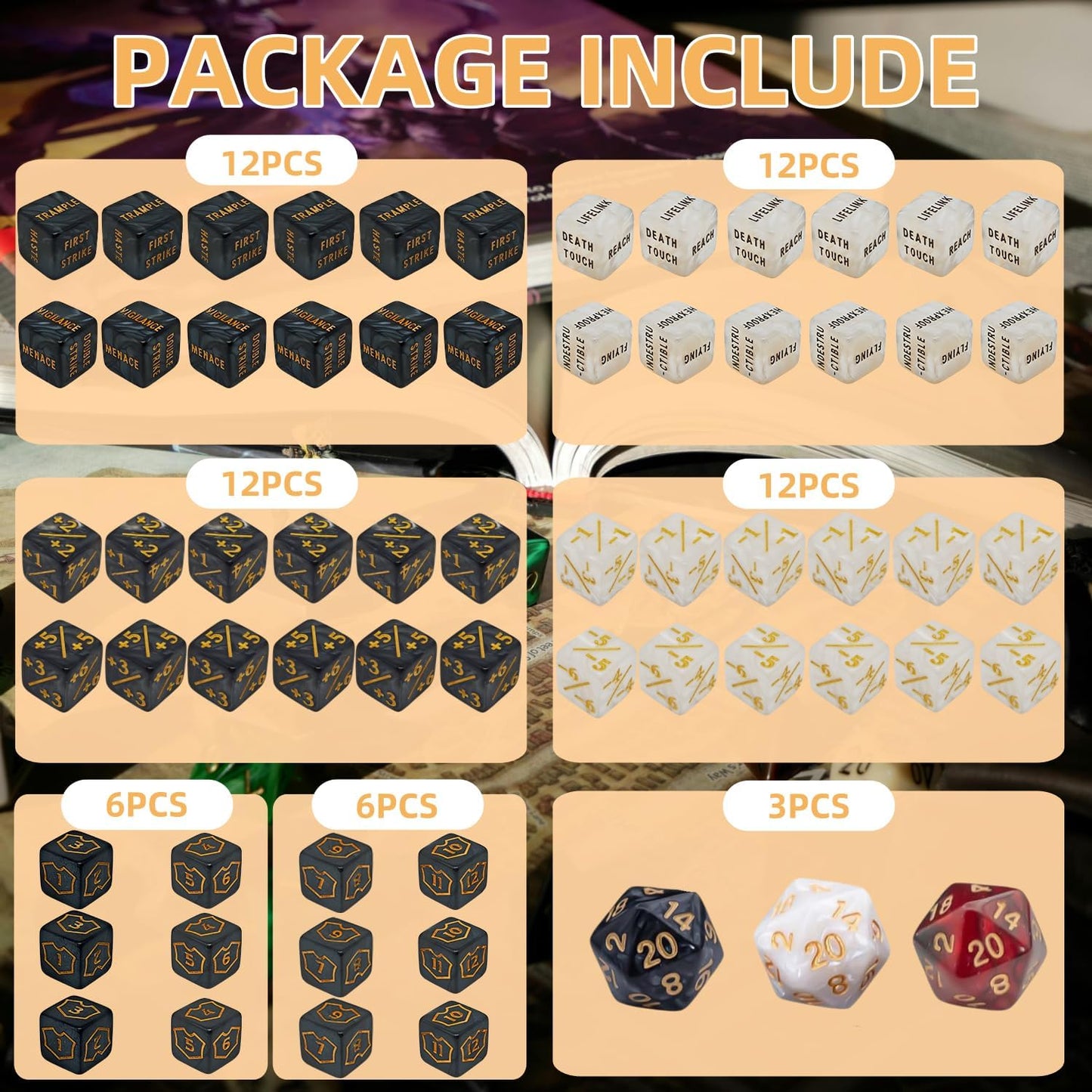 63 PCS MTG Counter Dice Set - AbilityKeyword Counters, -1/+1 Life Counter, Shield Life Counter Dice, Creature Stat Buffs, Marble Colour D6 Cube Dice, for MTG, TCG, Card Games (Includes Black Bag)