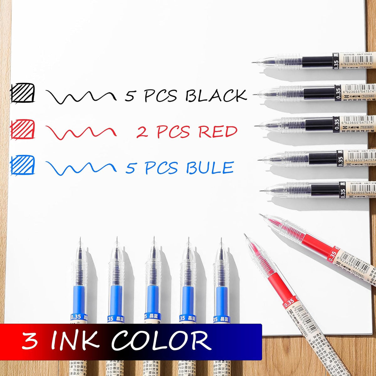 RIANCY Black Blue Red Gel Ink Pens, 0.35mm Extra Fine Point Smooth Writing Rollerball Pens, Japanese Style No Smudge Ballpoint Pen, Quick Drying for Journaling Office School Stationery Supplies 12Pcs