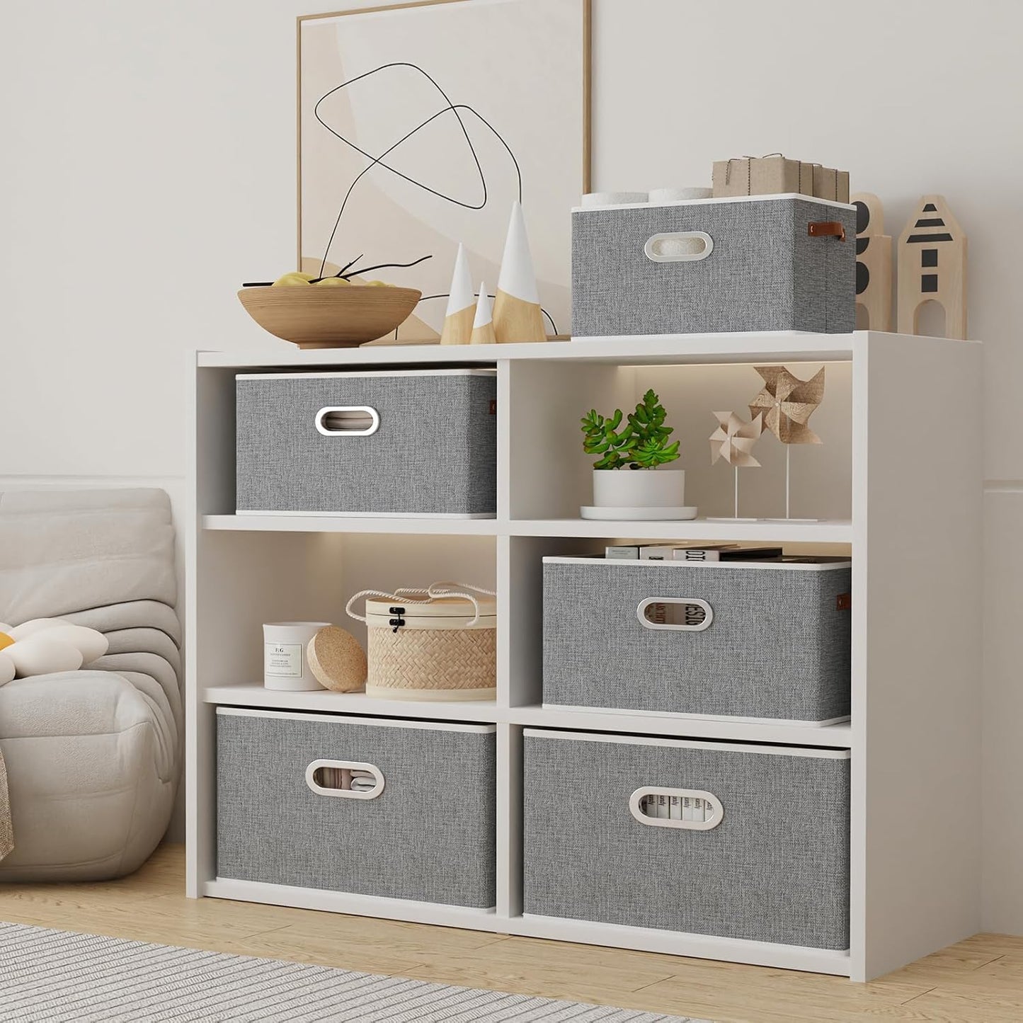 Yawinhe Fabric Storage Bins with Handles, Foldable Baskets for Shelves, Cubes with 3 Handles, Large Boxes for Clothes, Grey, 16.9''Lx11.8''Wx10.2''H, 6-Pack