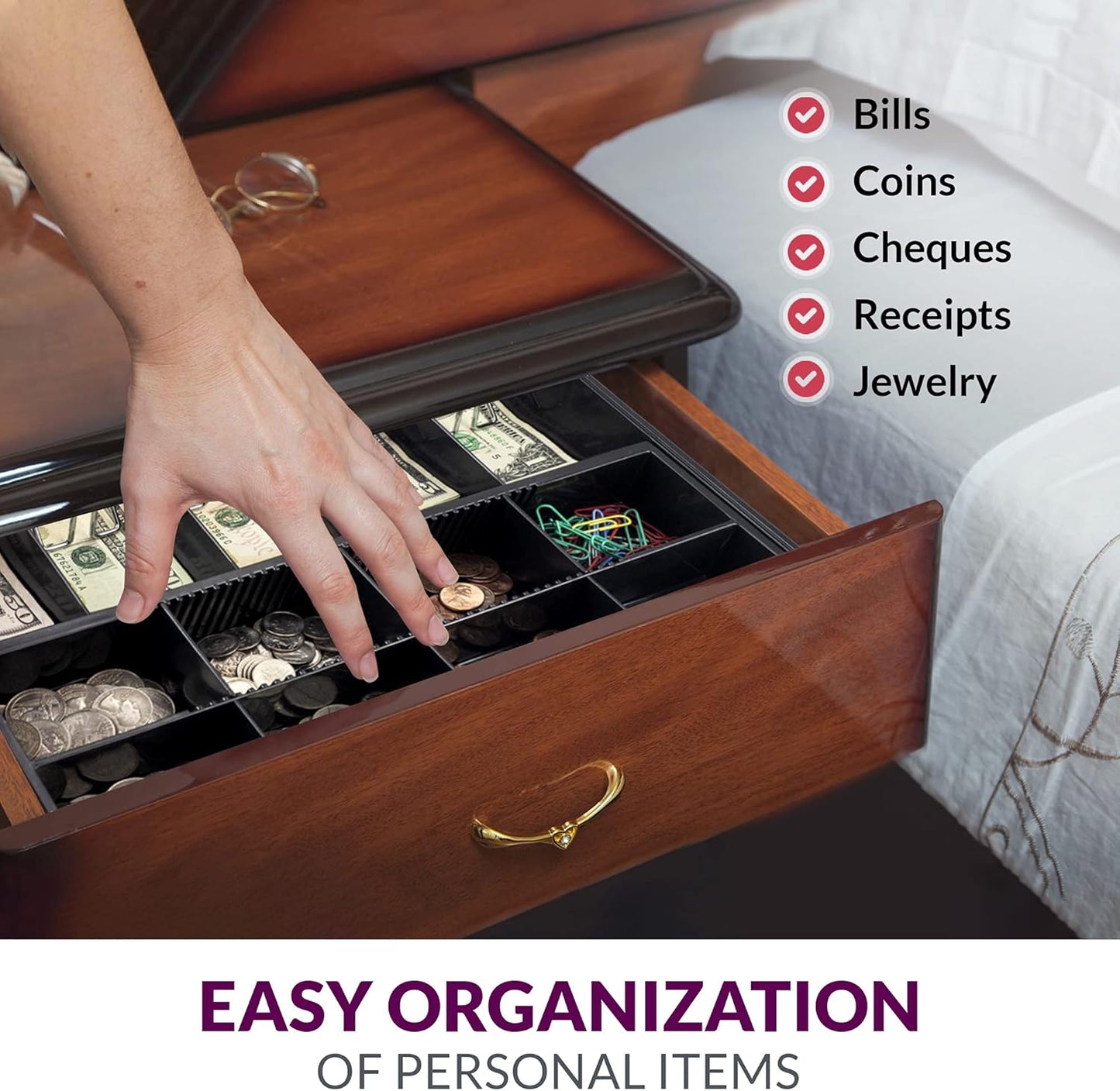 Volcora Cash Drawer Tray - 14.1 x 13 x 2.5 Inch Cash Register Insert - 5 Bill / 8 Coin Replacement Cash Tray - Stainless Steel Currency Compartment - 16" Cash Registers with Fully Removable Tray