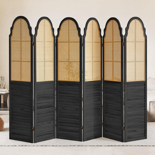 6 Panel Rattan Room Divider Panel, 5.6Ft Partitions and Dividers, Louvered Partition Divider, Room Dividers Screen, Solid Wood Frame, Folding Screen, Bedroom, Family Room, Black