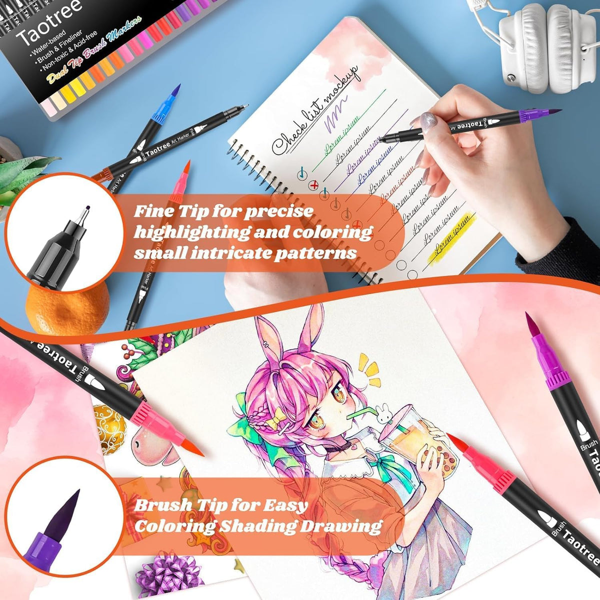 Taotree 150 Colors Dual Tip Art Markers Pens for Adult Coloring Book, Artist Fine & Brush Tip Coloring Markers Drawing Pen for Journaling Note Taking Lettering Calligraphy Craft Art Supplies Set