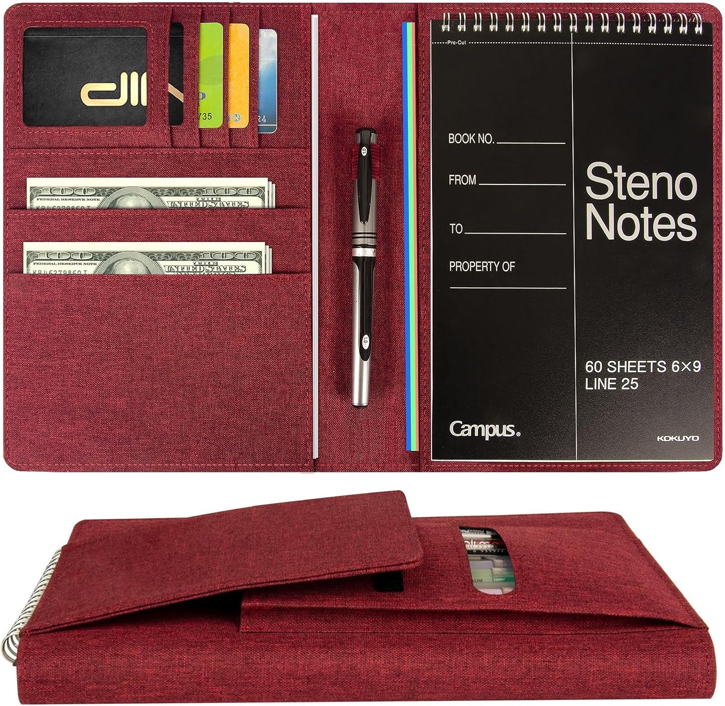 Journal Cover for Rocketbook Flip | Executive Size 6"x8.8" Fits A5, 6"x9" Steno Pad/Notebook & Top Spiral Notepad | Waterproof Protective Case with Pen Loop Holder & File Storage (Red)