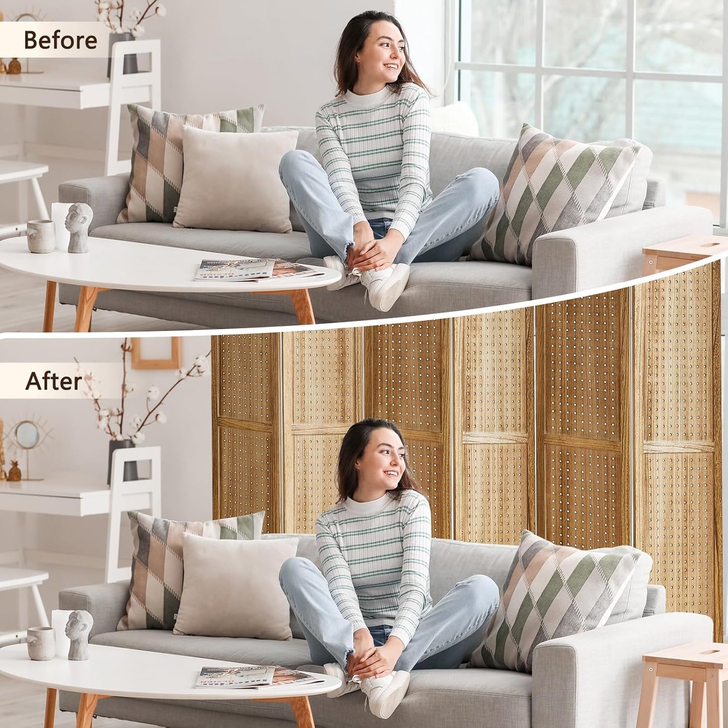 6 Panel Pegboard Display with 24 Hooks, Pegboard Room Divider and Folding Privacy Screens, Privacy Dividers for Rooms, Wooden Room Divider Wall, Jewelry Store, Bedroom, Balcony, Light Brown