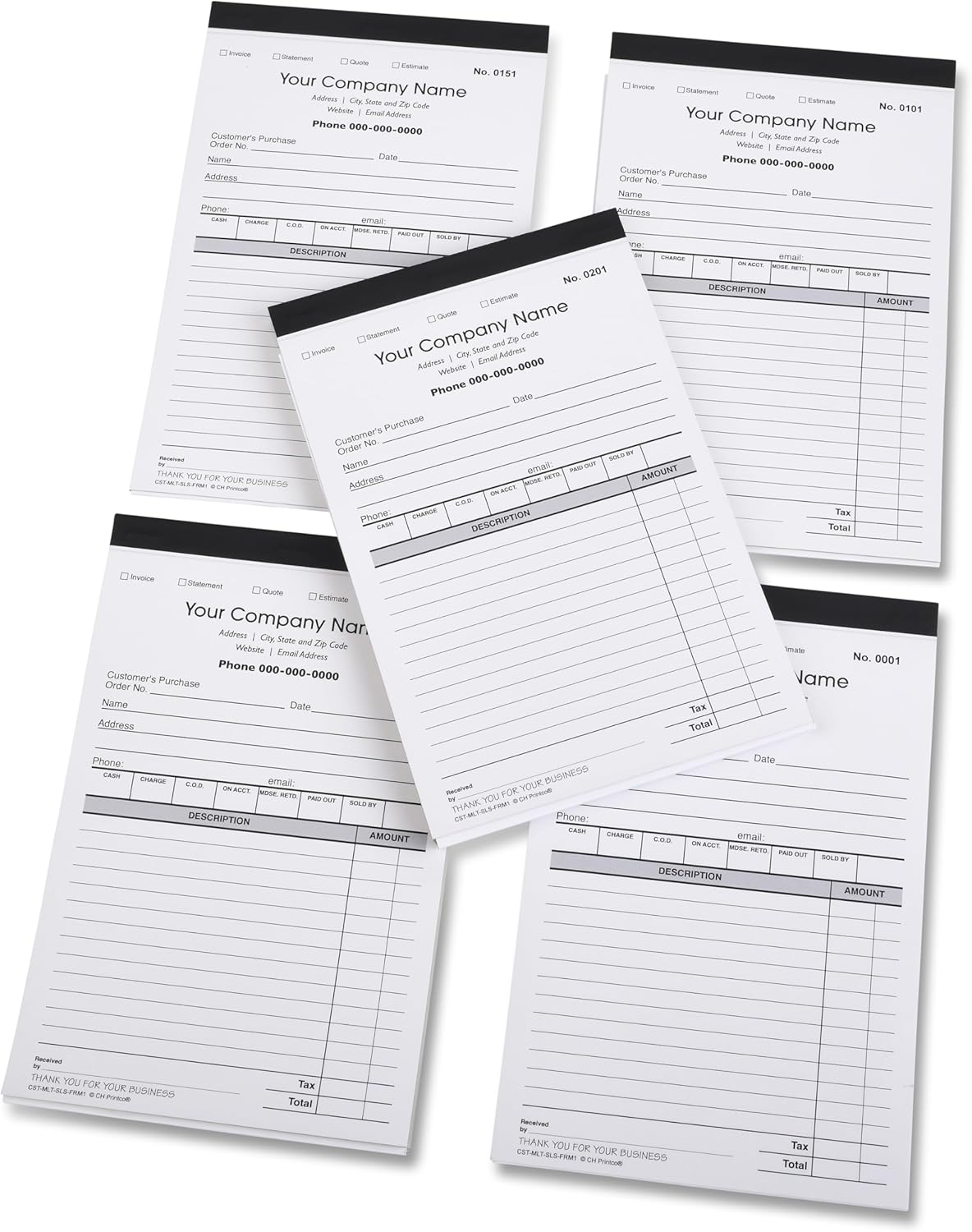 Custom Sales, Invoice, Statement, Estimate, Quote, Personalized Multipurpose Duplicate Carbonless Form with Your Company Name - 5 Books (250 Sets) Numbered