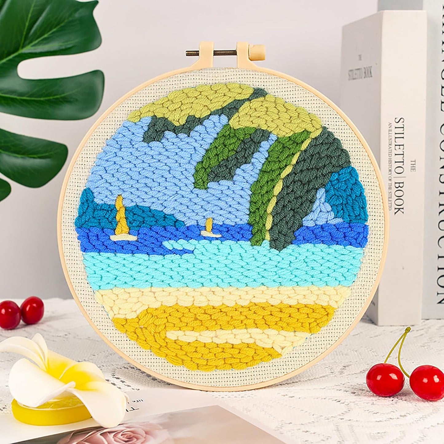 Punch Needle Kits Adults Beginner DIY Hawaiian Style 8 in Hoop Embroidery Set Starter Punch Needle Tool for Art Crafts, Ideal for All Ages, Perfect Festival Decoration & Gift (Blue sea and Sky)