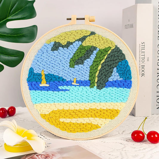 Punch Needle Kits Adults Beginner DIY Hawaiian Style 8 in Hoop Embroidery Set Starter Punch Needle Tool for Art Crafts, Ideal for All Ages, Perfect Festival Decoration & Gift (Blue sea and Sky)