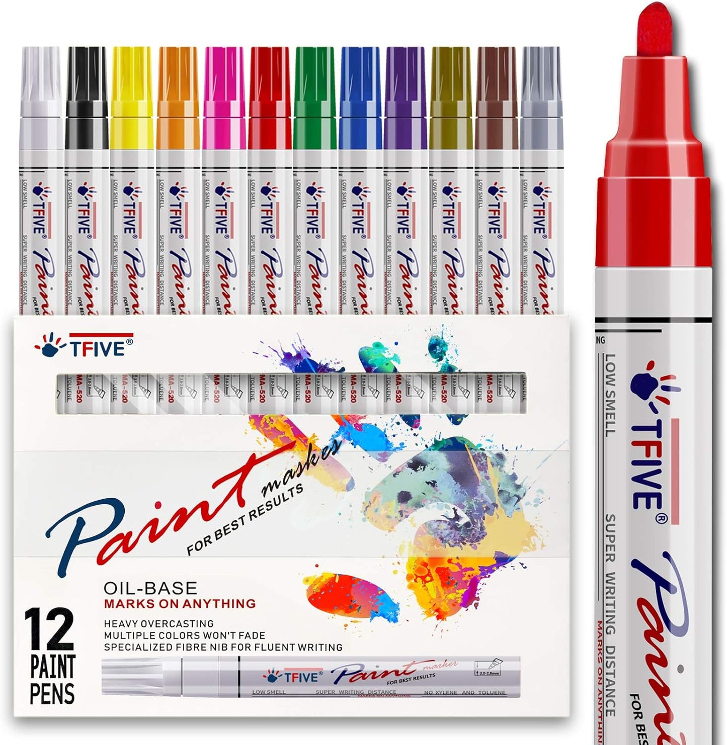 TFIVE Paint Pens Paint Markers Never Fade Quick Dry and Permanent, 12 Color Oil-Based Waterproof Marker Pen Set for Rock Painting, Ceramic, Wood, Fabric, Plastic, Canvas, Glass, Mugs