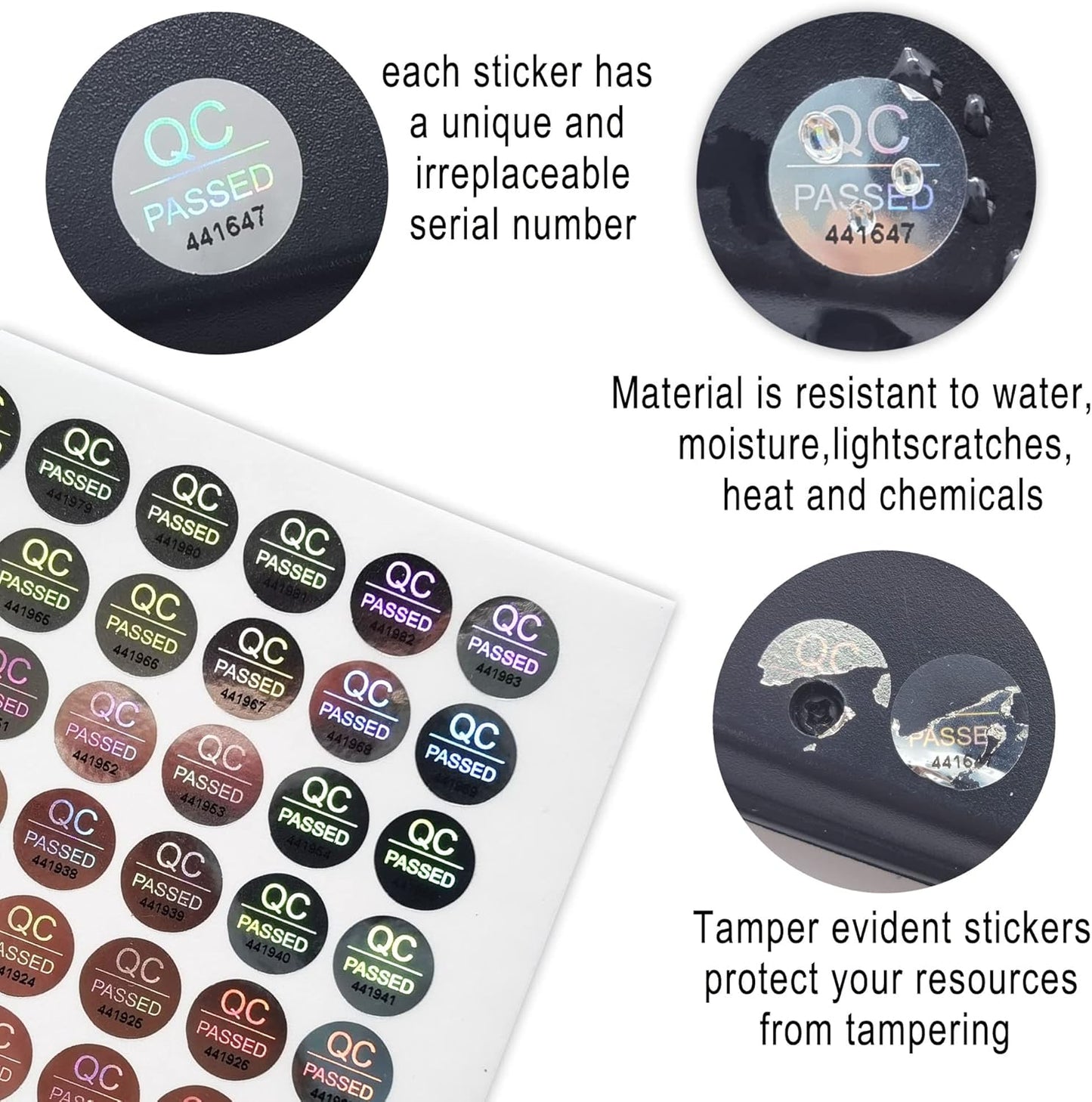1100pcs 0.39 inch QC Passed Tamper Proof Stickers Silver High Security Tamper Evident Warranty Void Hologram Labels w/Unique Sequential Serial Numbering