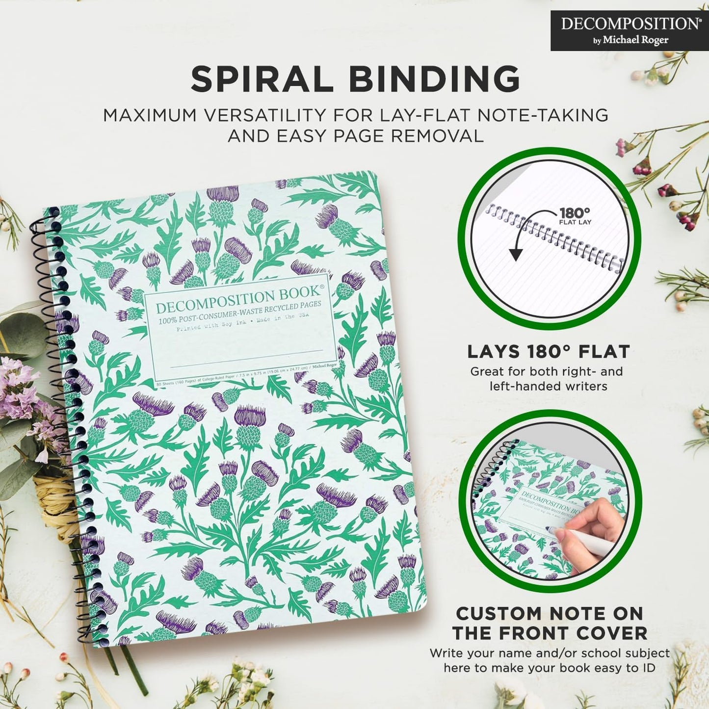 Decomposition Thistles College Ruled Spiral Notebook - 9.75 x 7.5 Journal with 160 Lined Pages - 100% Recycled Paper - Cute Notebooks for School Supplies, Home & Office - Made in USA