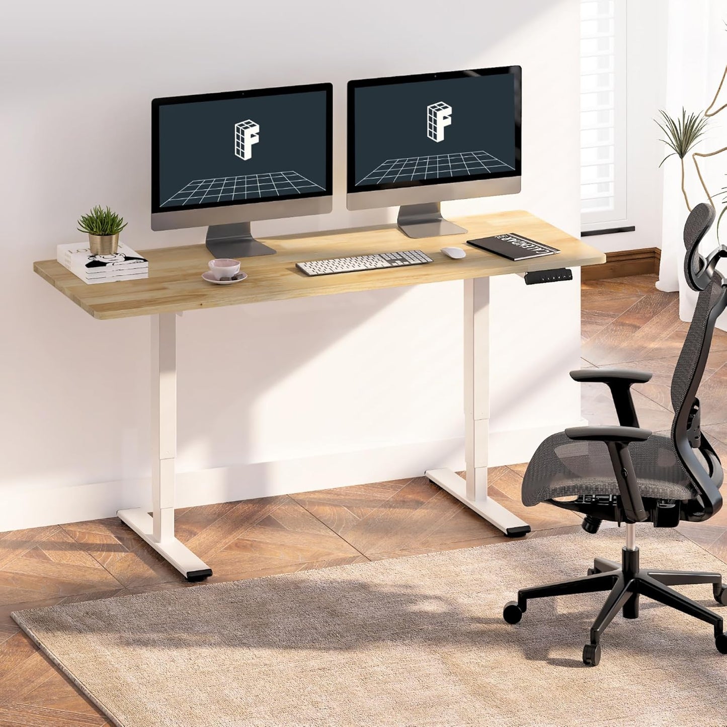 FLEXISPOT E6 Essential Solid Rubber Wood 3 Stages Dual Motor 63x24 Inch Electric Height Adjustable Standing Whole-Piece Board Desk Sit Stand Up Desk (White Frame + Solid Wood Desktop)