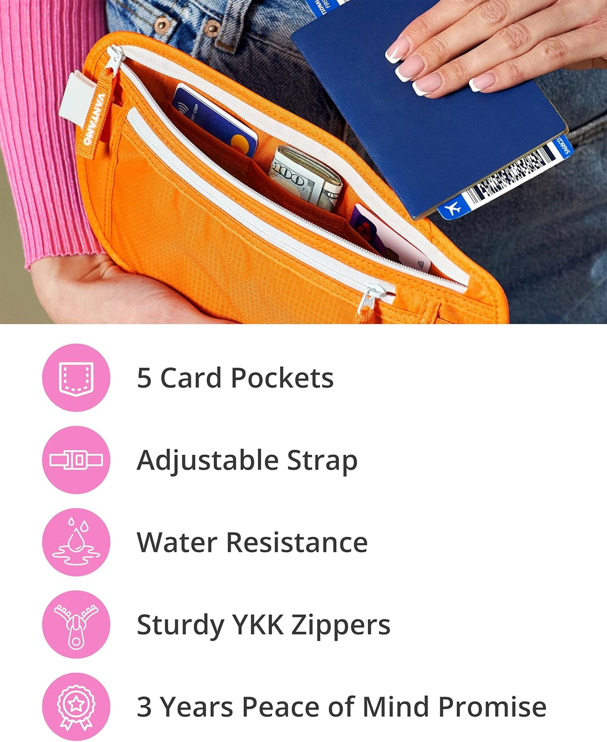 Vantamo Hidden Money Belt For Extra Safety, RFID Ultra-Thin Fanny Pack, 2 Compartment Money Bag Fits Passport & Phone