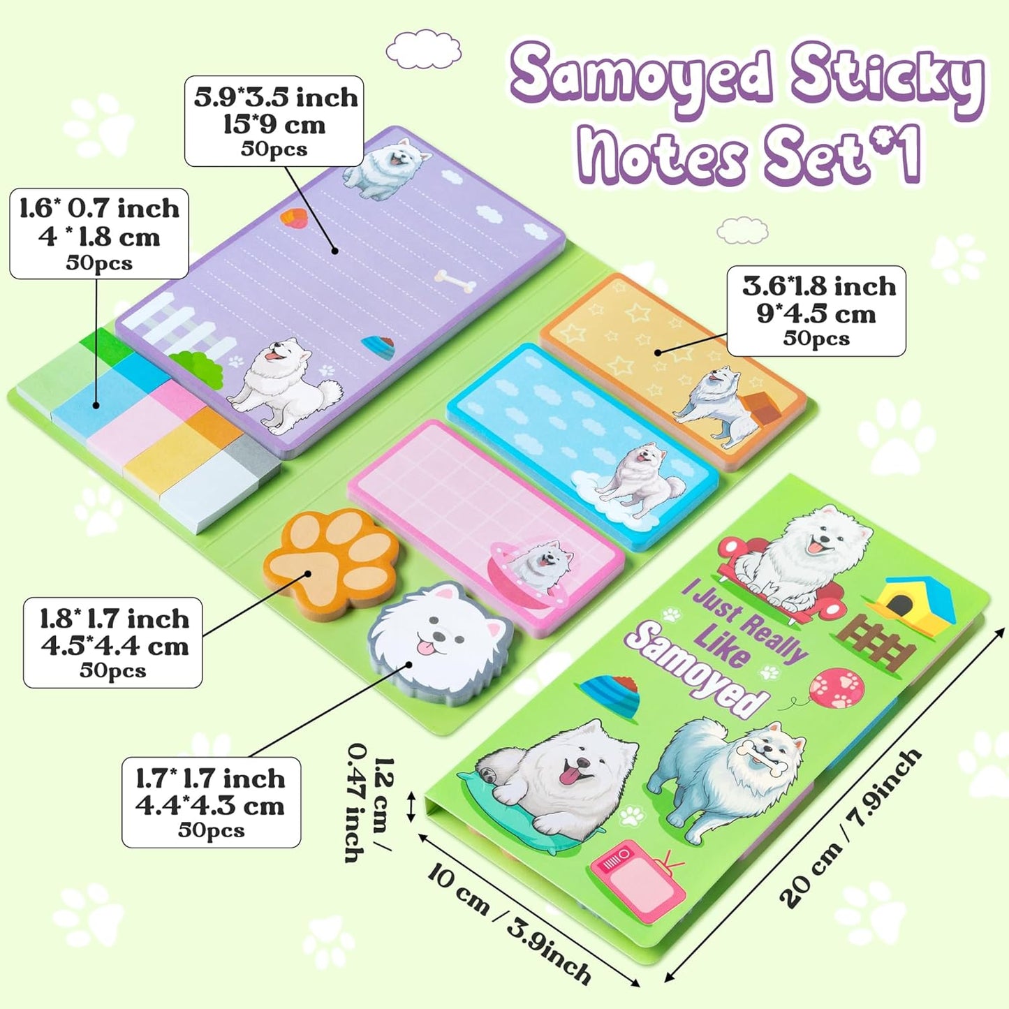 Xqumoi I Just Really Like Samoyed Sticky Notes Set, 550 Sheets, Cute Samoyed Self-Stick Notes Pads Animal Divider Tabs Bundle Writing Memo Pads Page Marker Back to School Office Supplies Small Gift