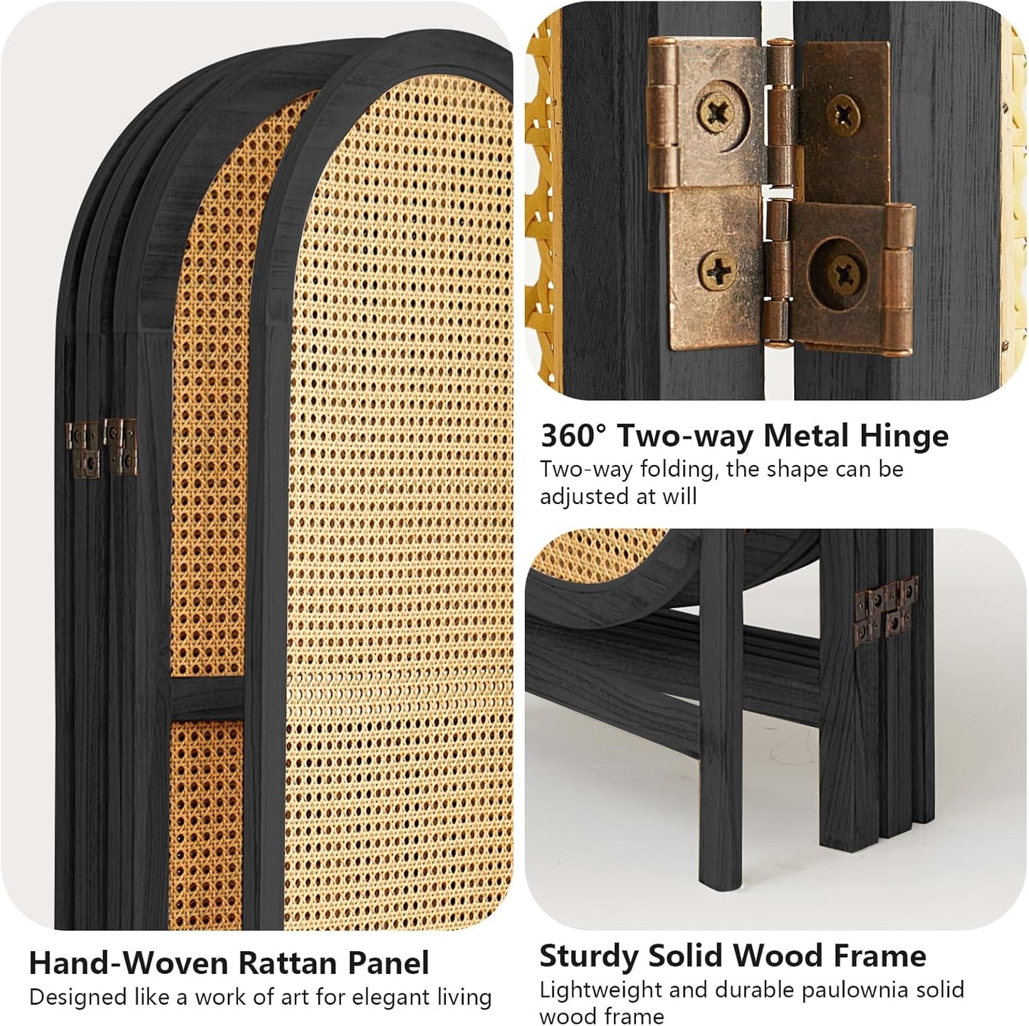 4 Panel Room Divider, Hand-Woven Rattan Room Divider Screen, Folding Privacy Screens with Double Hinges, Wooden Freestanding Wall Divider for Room Separation Bedroom Home Office - Black