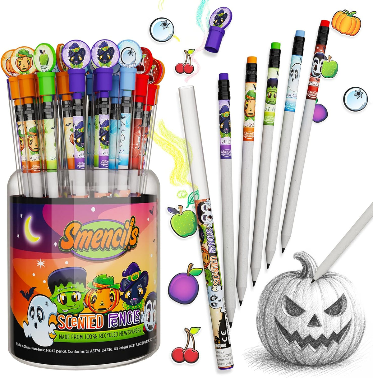Halloween Smencils Cylinder - HB #2 Scented Smelly Pencils, 50 Count - Gifts for Kids, Party Favors, Classroom Rewards