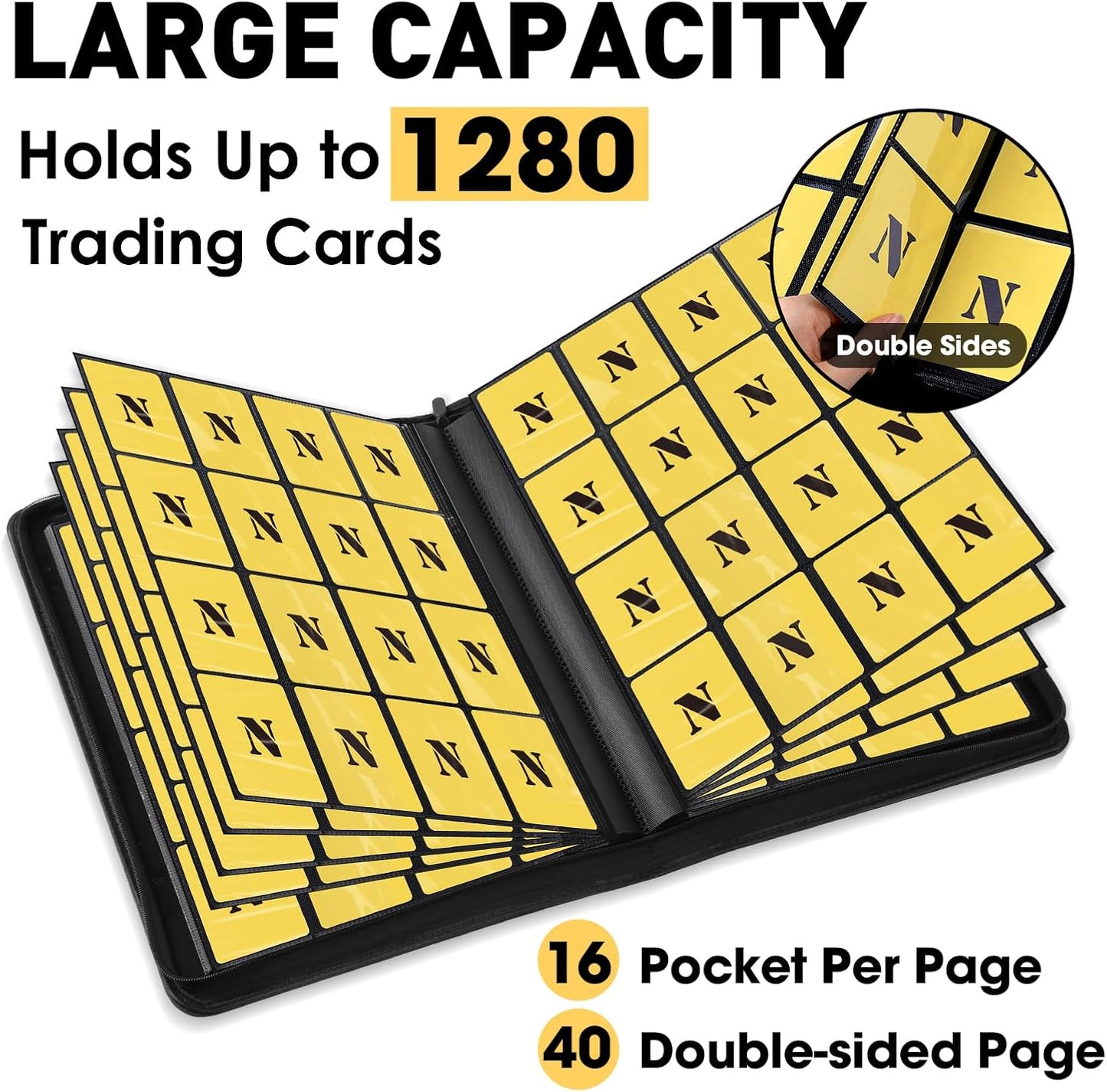 16 Pocket Card Binder,1280 Pockets Ringless Trading Card Binder,Premium Zipper Card Album Folder for TCG,MTG,Game&Sports Cards(BLACK)