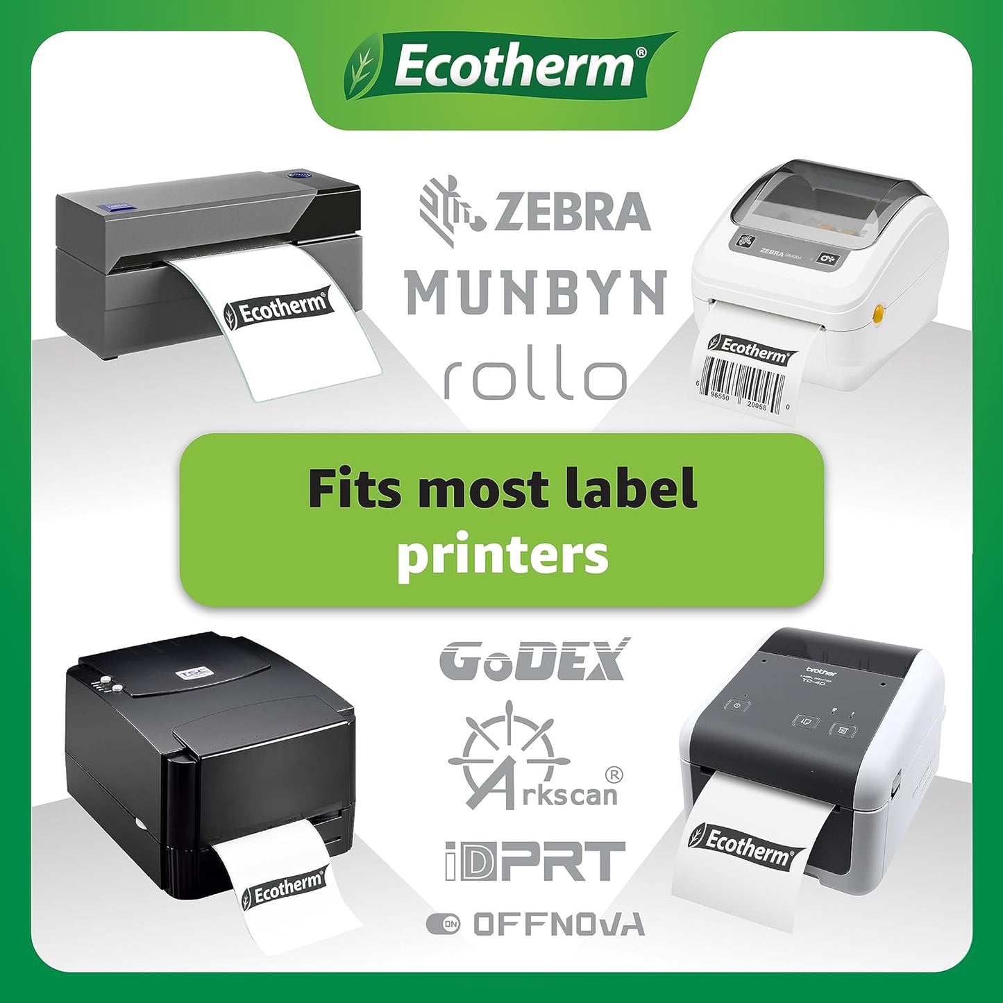 2.25" x 2.25" Thermal Labels | 4 Rolls | 2800 Labels | fits Zebra, Munbyn, Rollo, Godex, Arkscan, iDPRT, Offnova Thermal Label Printers and More | Blank White Adhesive Stickers by Ecotherm