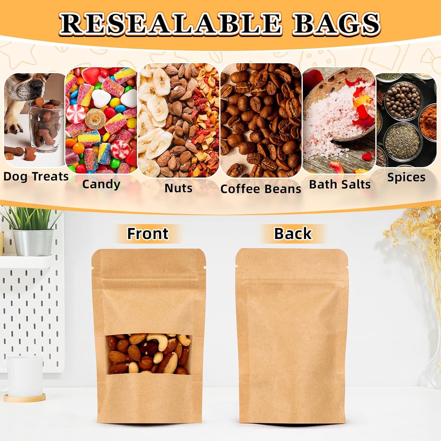 Smell Proof Bag, 100 Pack Mylar Bags for Small Business, Food Storage Bags with Window, Dog Treat Bag, Bakery Bags, Candy Packaging, Resealable Paper Stand Up Pouch (7.1"x10.2")