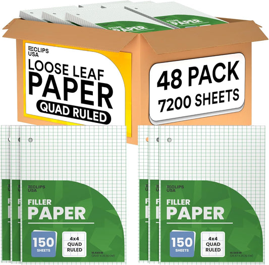 Graph Paper, Loose Leaf Graph Paper, 4 x 4 Squares Per Inch Quad Ruled Graph Paper, 10.5” x 8” Graphing Paper, 56 gsm, 150 Per Pack, 7200 Sheets (48 Pack)