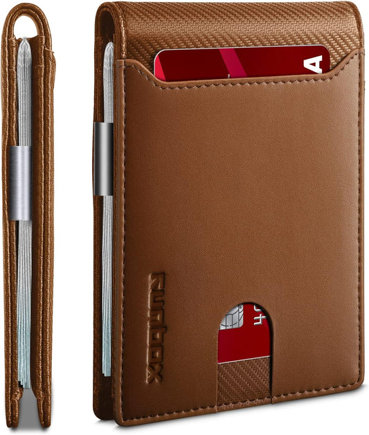RUNBOX Slim Wallets for Men - Leather Money Clip Mens Wallet - RFID Blocking Front Pocket Bifold Wallet - Thin Credit Card Holder with Gift Box