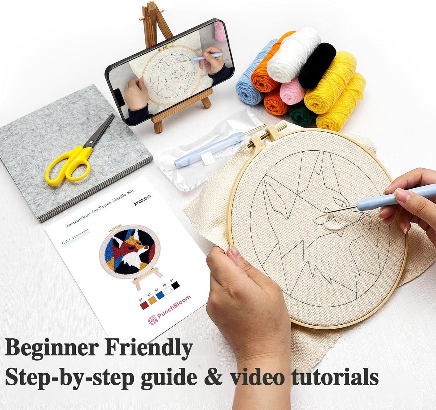 Punch Needle Kit for Adult Beginner, 2-Pcs Wolf & Fox Punch Starter Kit, Easy Punch Embroidery Stitch Set with Instructions – Fun Needle Point Craft for Home Decor & Gift Idea