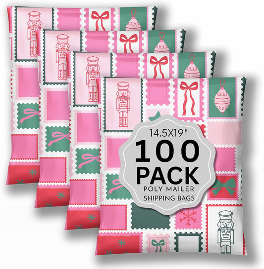 Christmas Poly Mailer Shipping Bag Envelope 100 Pack Cute Trendy Shipping Supplies for Small Biz Designer Holiday Mailers Plastic Polybags for Clothing - 14x19 Holly Poly Postage