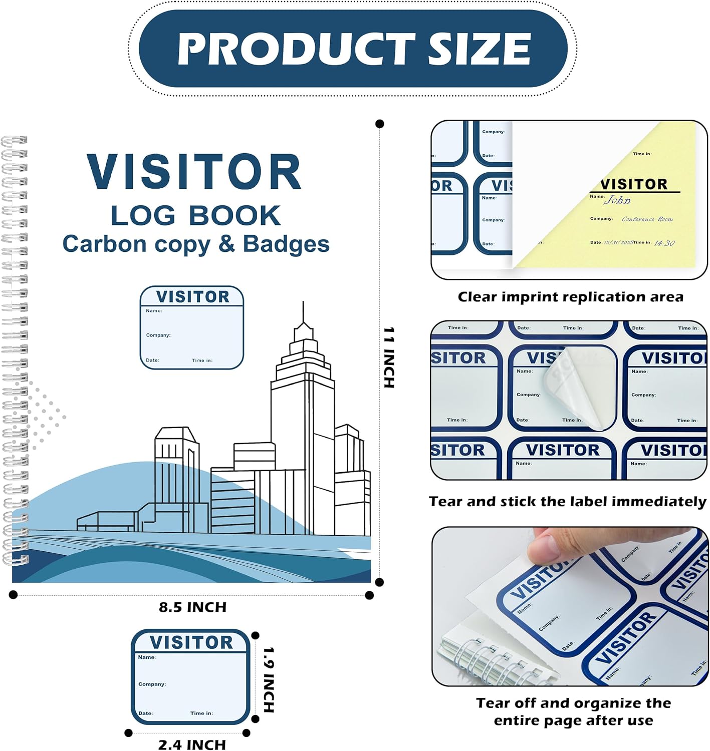 2 Pack of 450 Visitor Badges Registry Log with Carbon Copy Visitor Stickers 8.5x11 Inch Visitor Log Book Extras Protecting Privacy Pages Spiral Bound Self Visitor Badges Guest Register Book (2)