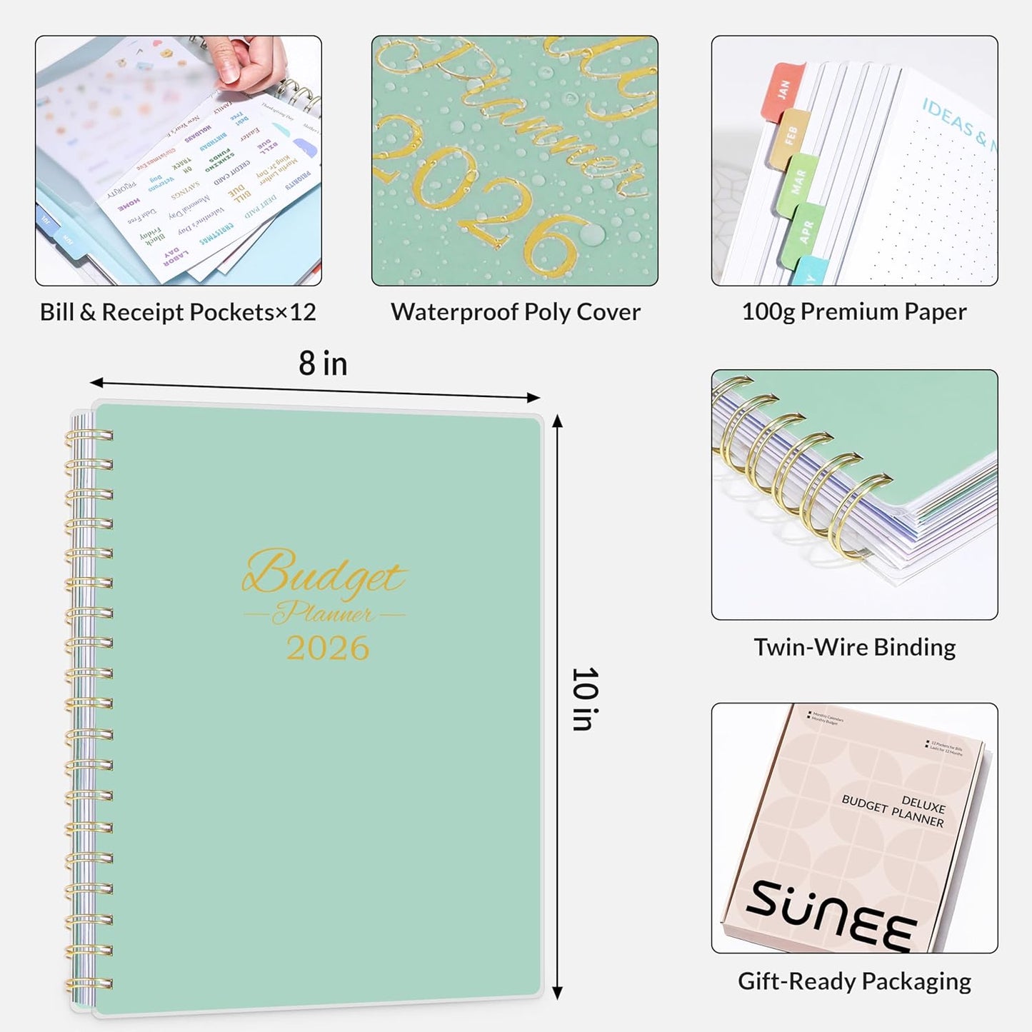 SUNEE 2026 Budget Planner - Deluxe Monthly Budget Book from JAN 2026 - DEC 2026, Bill Organizer with 12-Pockets, Expense Tracker Notebook B5 Size (8" x 10"), Finance Planner Account Book, Green