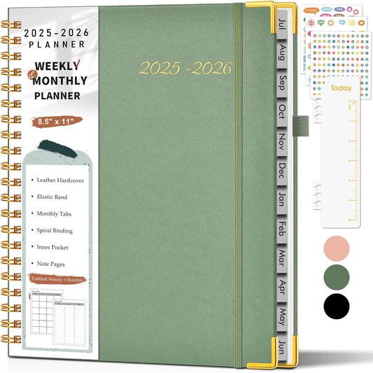 Academic Planner 2025-2026, Weekly and Monthly Calendar Planner from July 2025 - June 2026, 8.5" x 11" Hardcover Leather Hourly Appointment Book with Tabs, Spiral Daily Planners for College School Teacher Student, Green
