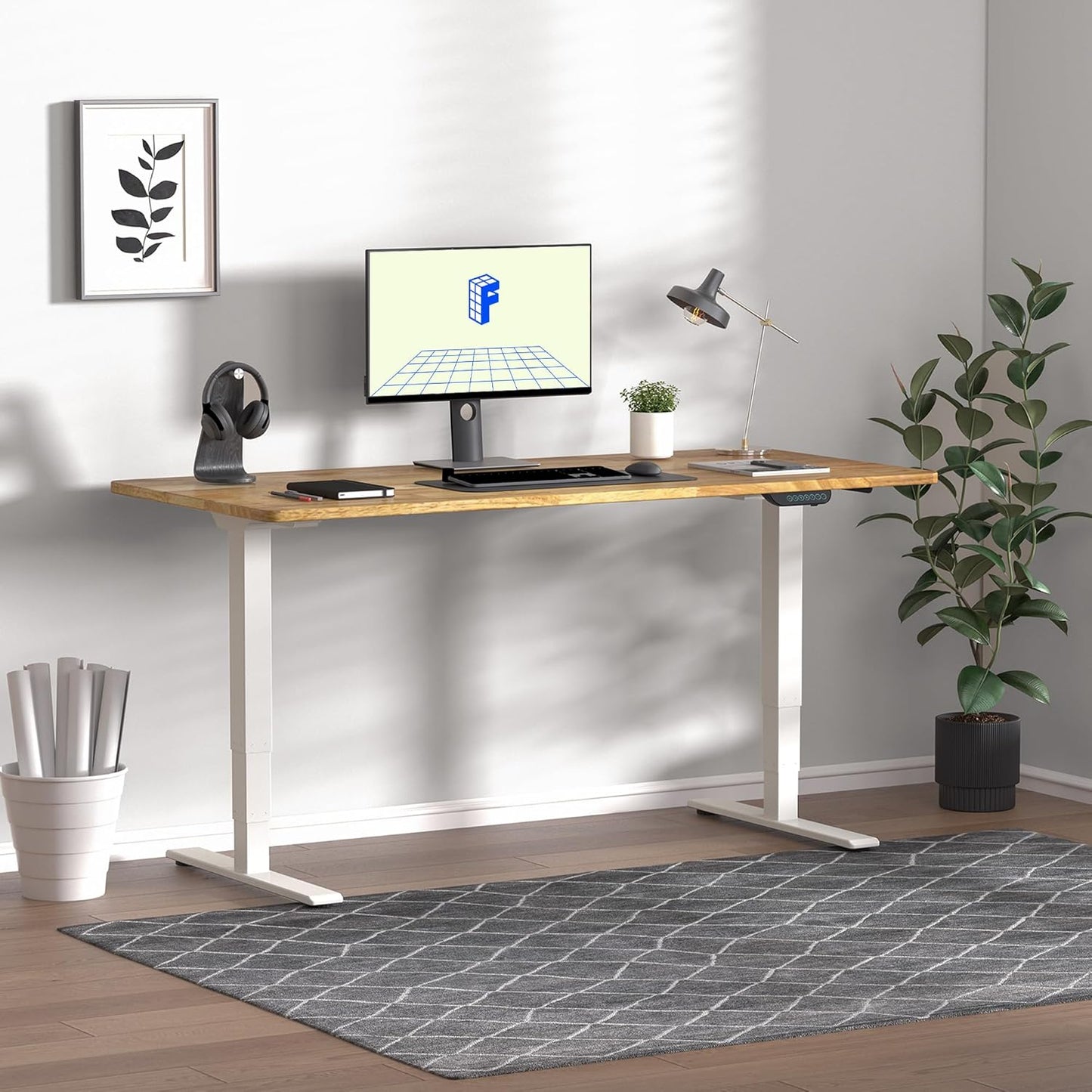 FLEXISPOT E6 MAX Rubber Wood Dual Motor 3 Stages Standing Desk 71x30 Inch Whole-Piece Board Electric Height Adjustable Stand Up Desk 150KG Load Capacity(White Frame + Rubber Wood Desktop)