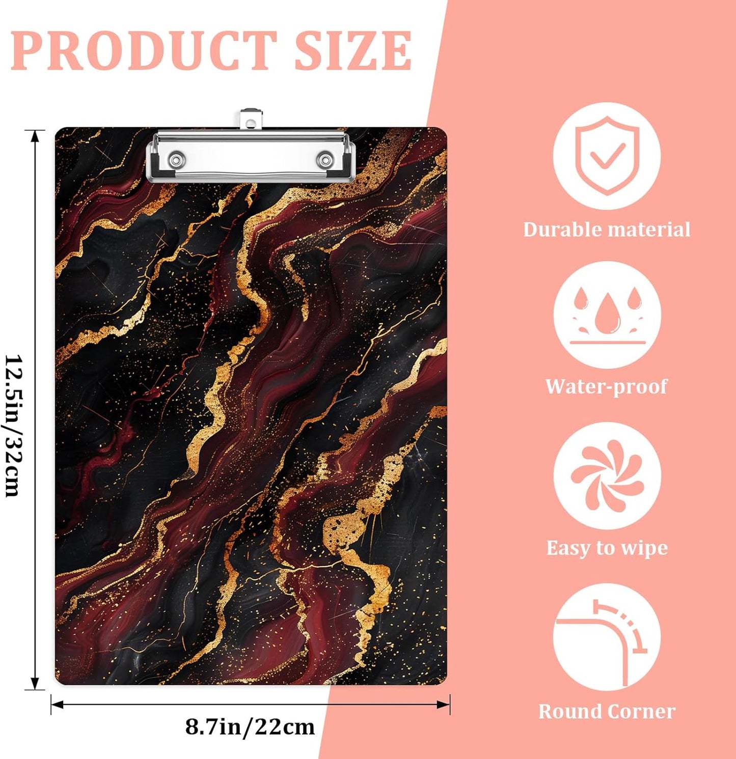Red Marble Plastic Clipboards,Cute Fashion Clipboard Decorative 8.5" x 12.5"Standard A4 Size Clipboards,Acrylic Clipboard for Teacher,Social Worker,Students,Nurse,Office Supplies