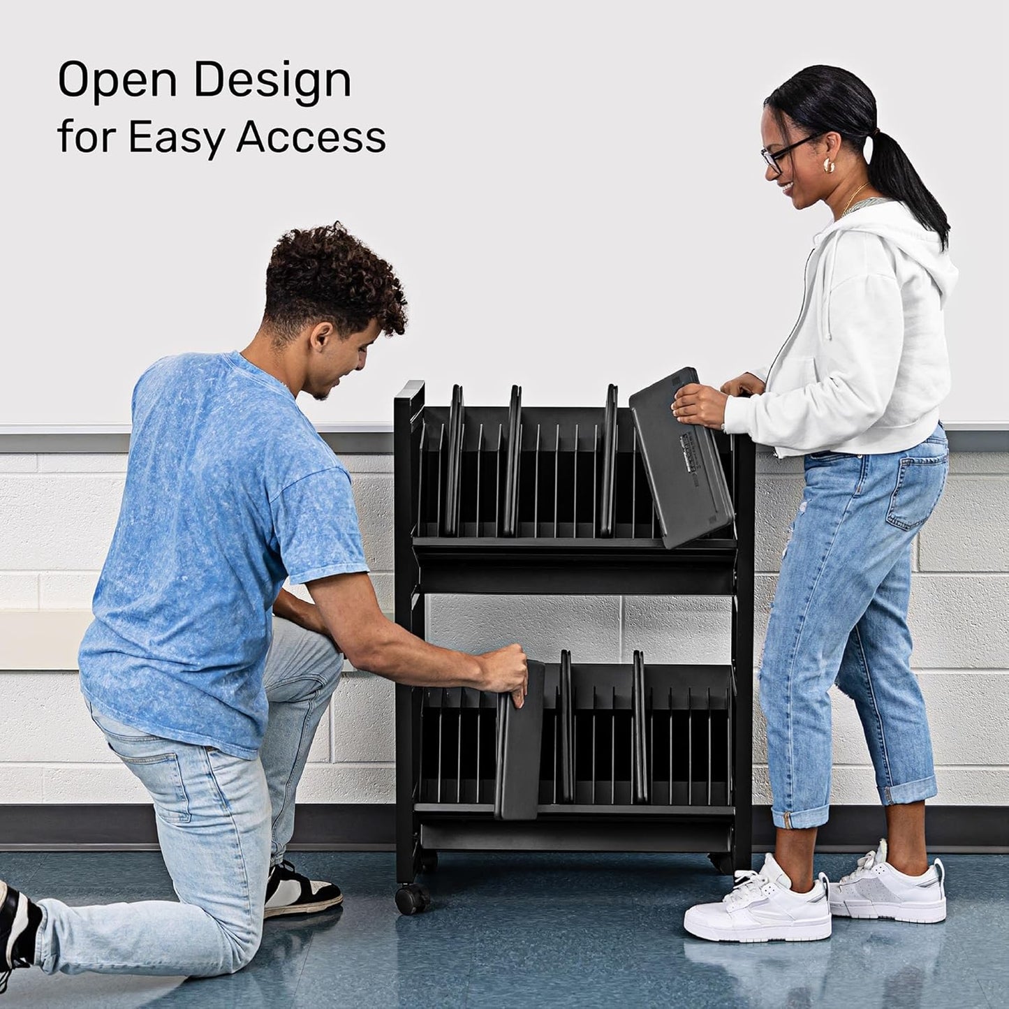 Line Leader 32-Device Mobile Charging Station | Steel Rolling Cart for Laptops, Tablets, & Chromebooks | Open Design with Dividers & UL-Certified Surge Protection | Portable Charging Stand (Black)