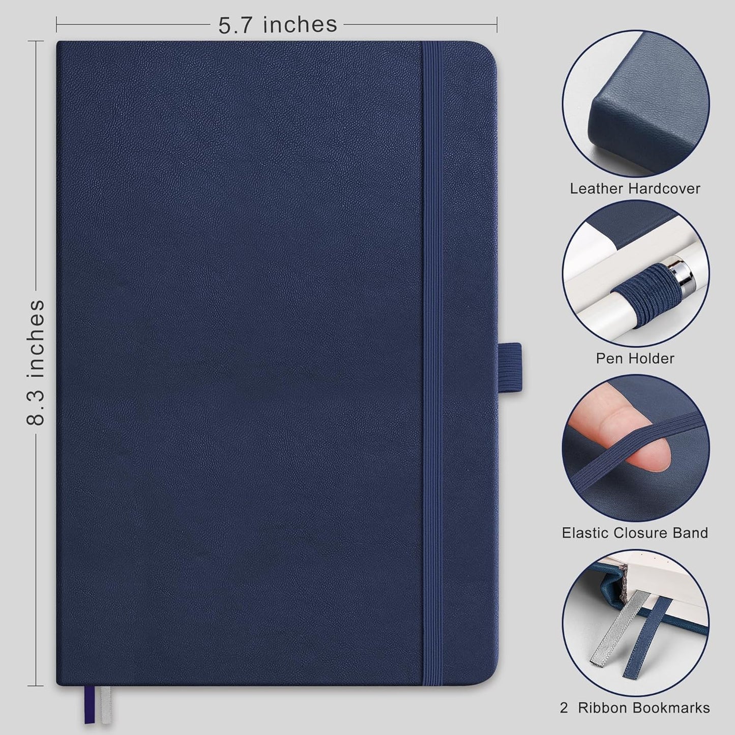 RETTACY Lined Journal Notebook, 192 Numbered Pages, A5 Medium Size (5.7'' x 8.3''), for Men & Women, Journaling, Writing, Work & Office, Leather Hardcover, 100 GSM Thick Paper (Navy Blue)
