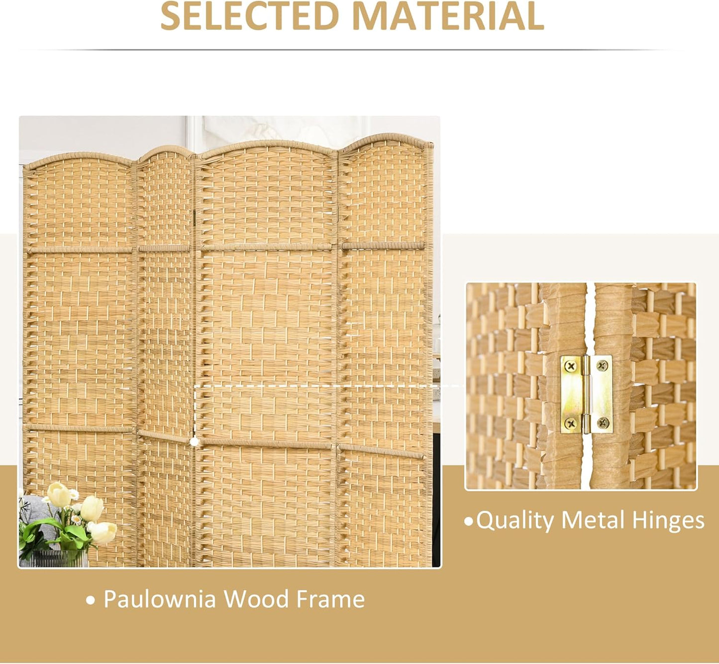 HOMCOM 4 Panel Room Divider, 6' Tall Folding Privacy Screen, Hand-Woven Freestanding Wood Partition for Home Office, Bedroom, Nature Wood