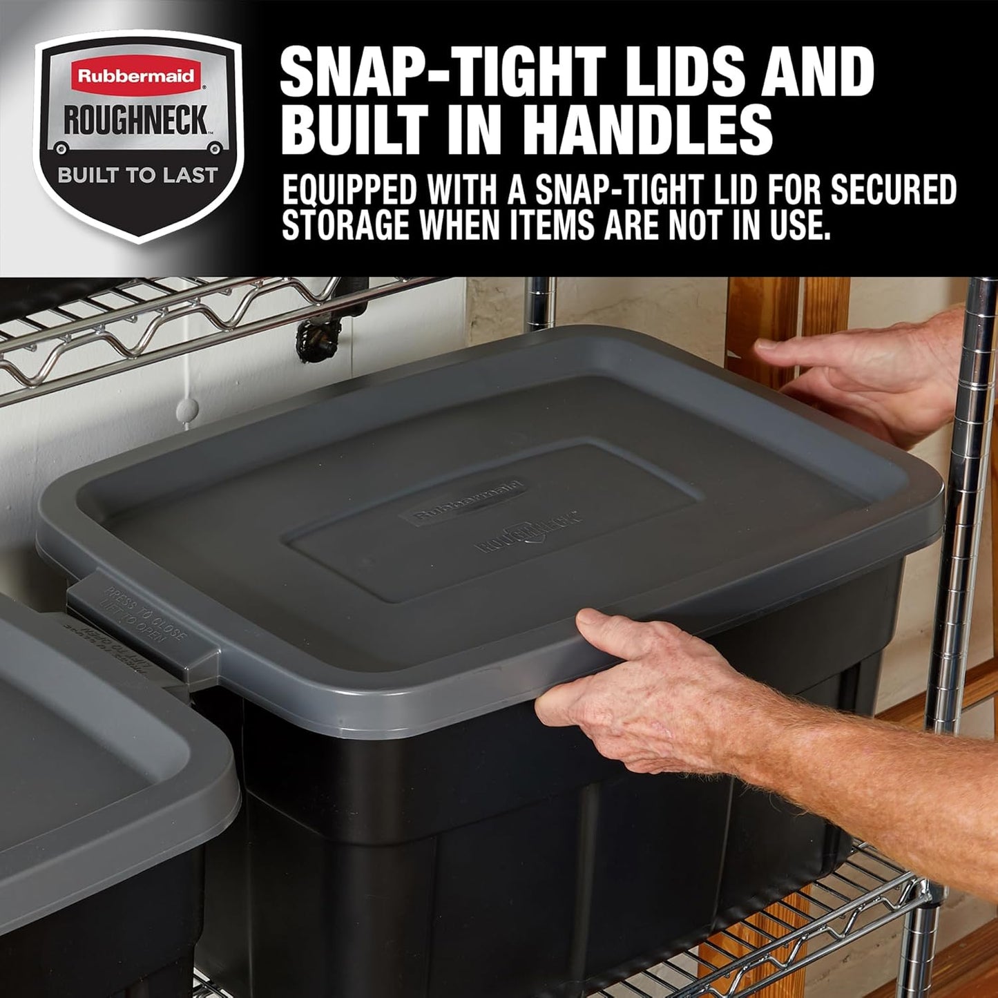 Rubbermaid 3-Pack Garage Storage Bins 18x12 Inch Heavy Duty Storage Bins, Large Capacity - USA Made Stackable Plastic Bins with Lids Black