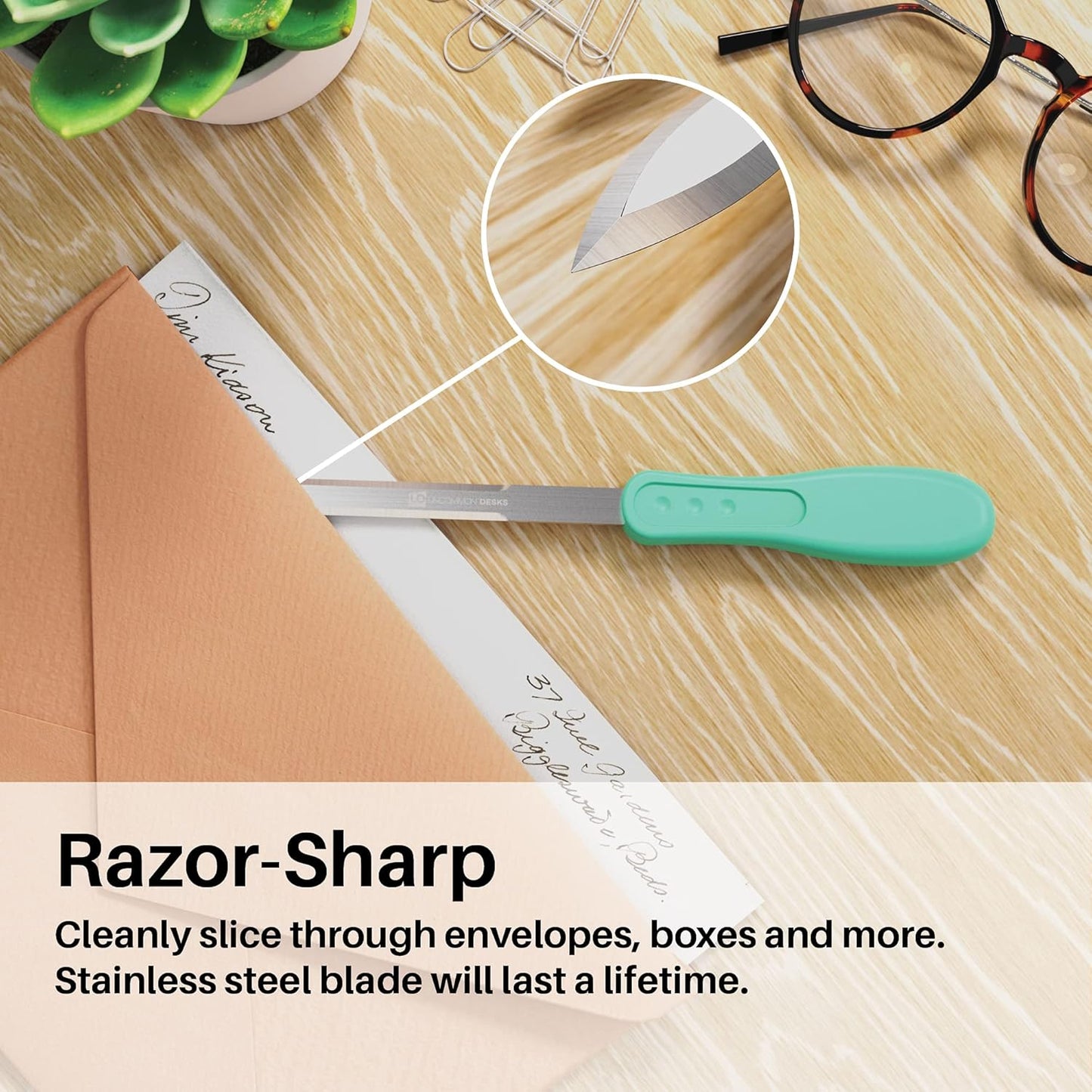 Uncommon Desks Office Letter Opener - Stainless Steel Knife-Edge Blade, Ergonomic Grip Handle (Mixed Colors, 6 Pieces)