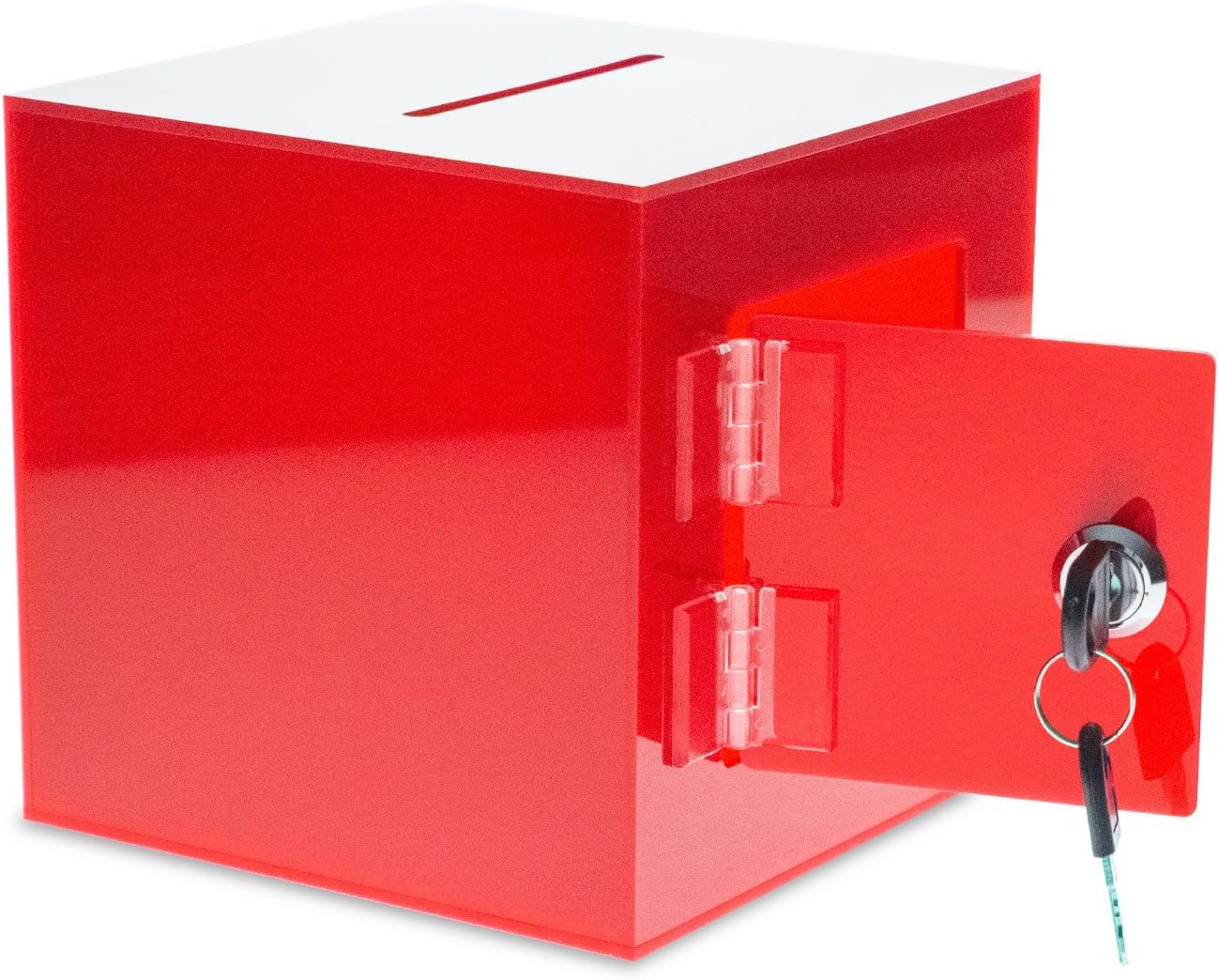 Source One Premium Acrylic Cube Donation Box with Deluxe Rear Open Door and Cam Lock Suggestion Box (12 Inch, Red)