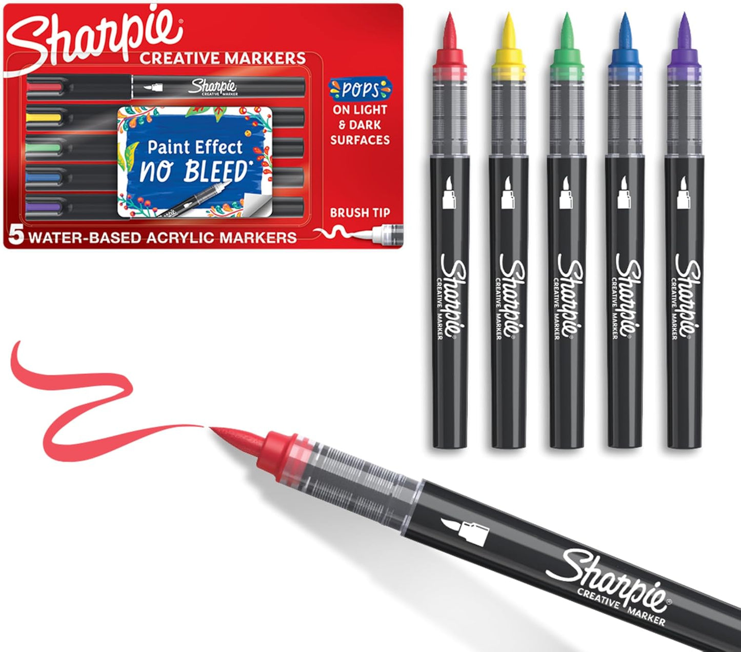 Sharpie Creative Markers, Water-Based Acrylic, Brush Tip, Assorted Colors, 5 Count – Arts & Crafts, Kids Activity, School Classroom; Works on Paper, Metal, Wood, Ceramic, Glass, Rock, Canvas