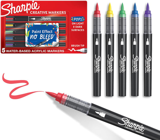 Sharpie Creative Markers, Water-Based Acrylic, Brush Tip, Assorted Colors, 5 Count – Arts & Crafts, Kids Activity, School Classroom; Works on Paper, Metal, Wood, Ceramic, Glass, Rock, Canvas