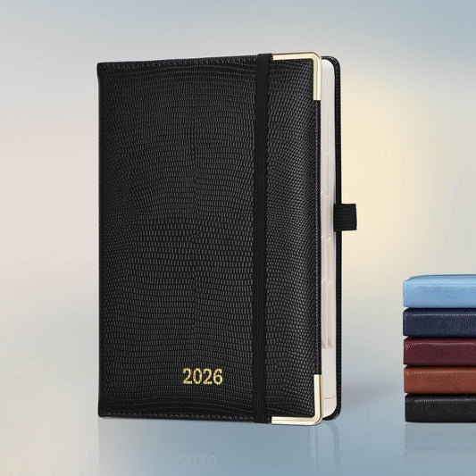 Daily Planner 2026 with One Page Per Day,(A5-8.5" x 5.9"),12 Months Calendar Hourly Appointment Book Monthly Tabs&Self-adhesive Pen Holder,Inner Pocket,Durable Vegan Leather Hardback,Black