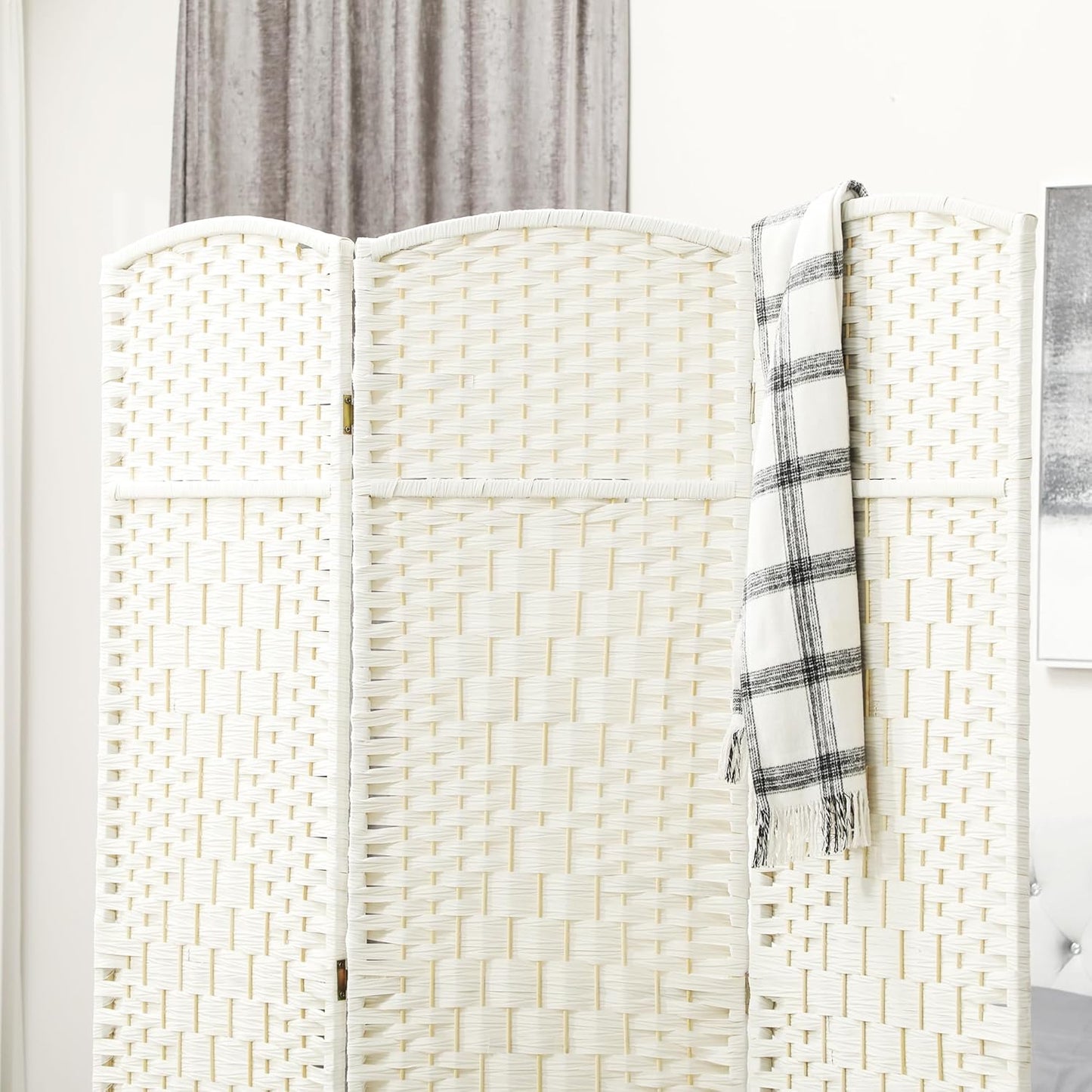 HOMCOM 3 Panel Room Divider, 6' Tall Folding Privacy Screen, Hand-Woven Freestanding Wall Partition for Home Office, Bedroom, White