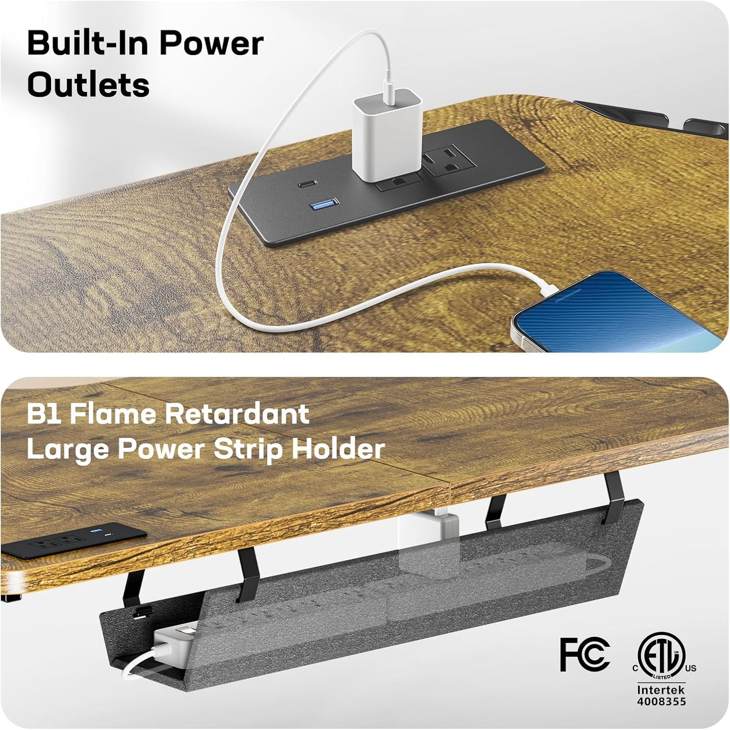 HUANUO 63″ Dual Motor L-Shaped Standing Desk, Built-in Power Outlets, Electric Height Adjustable Corner Computer Desk, Large Power Strip Holder, Sit Stand Up Desk with 3 Preset Heights, Vintage Brown