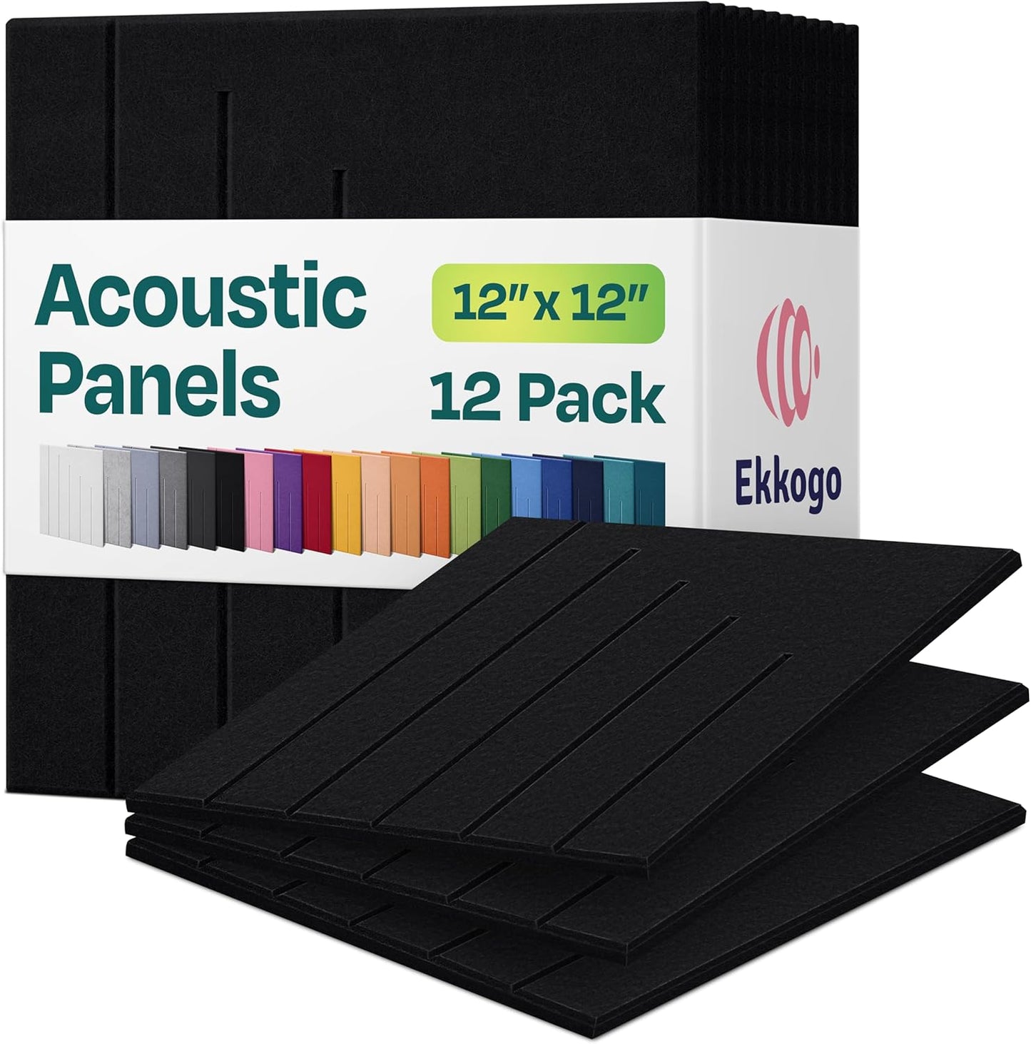 Acoustic Panels 12-Pack Soundproof Wall Panels 12"x12"x0.4" Decorative Sound Dampening for your Home, Office, Studio, Bedroom & More with Unique LineWave Carving [Deep Black]