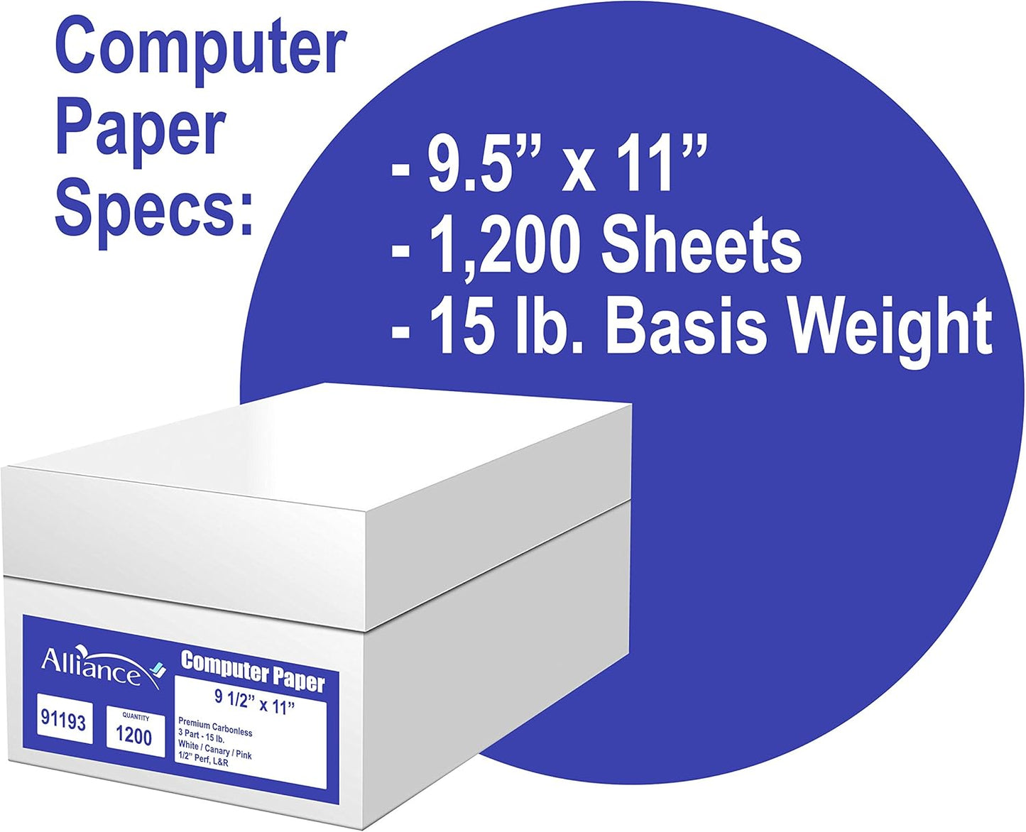 Alliance Continuous Carbonless Computer Paper 9.5 x 11, Blank Left and Right Perforated, 15 lb, 3-Part White/Canary/Pink (1,200 Sheets) - Made In The USA