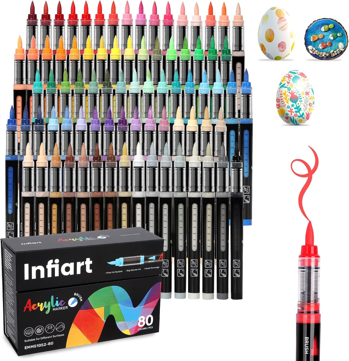 Automatic Ink Control Acrylic Paint Markers Brush Tip 80 Colors Acrylic Paint Pens Water-Based Acrylic Markers Set for Stone, Wood, Rock Painting, Canvas, Glass, DIY & Art Supplies