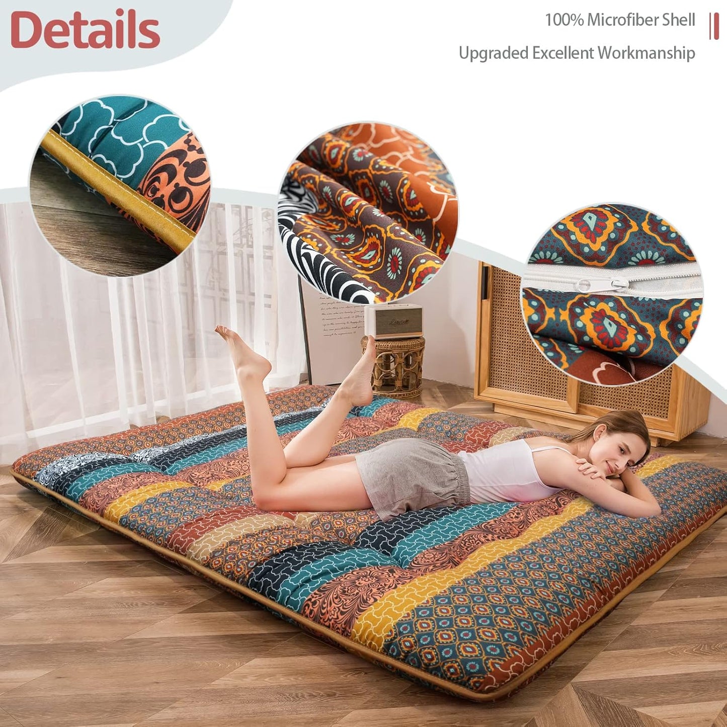MAXYOYO Bohemian Vintage Floral Japanese Futon Mattress - Roll Up Tatami Floor Mat, Foldable Bed, Portable Camping Mattress, Sleeping Pad, Floor Lounger, Couch Bed - King Size