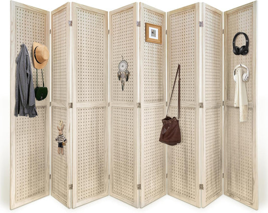 Room Divider, 5.6FT Folding Room Divider Panel, 8 Panel Pegboard Display Wood Partition Wall Divider for Room Separation& Craft Shows, Natural Wood
