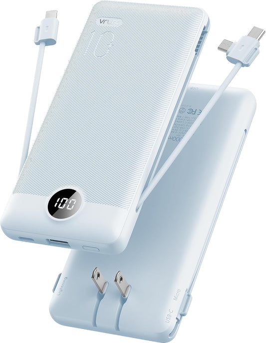 VRURC Portable Charger Built-in Cables and AC Wall Plug, USB C Power Bank 10000mAh, Travel Essentials Phone Charger Compact Lightweight External Battery Pack for Smart Phones, Tablets etc-Blue