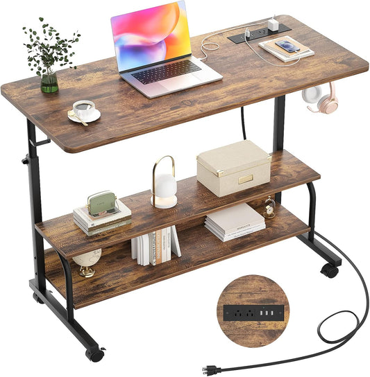 Armocity Height Adjustable Standing Desk with Power Outlets, 39" Manual Stand Up Desk with Storage Shelves Small Mobile Rolling Computer Desk Portable Laptop Table with Wheels for Home Office, Rustic